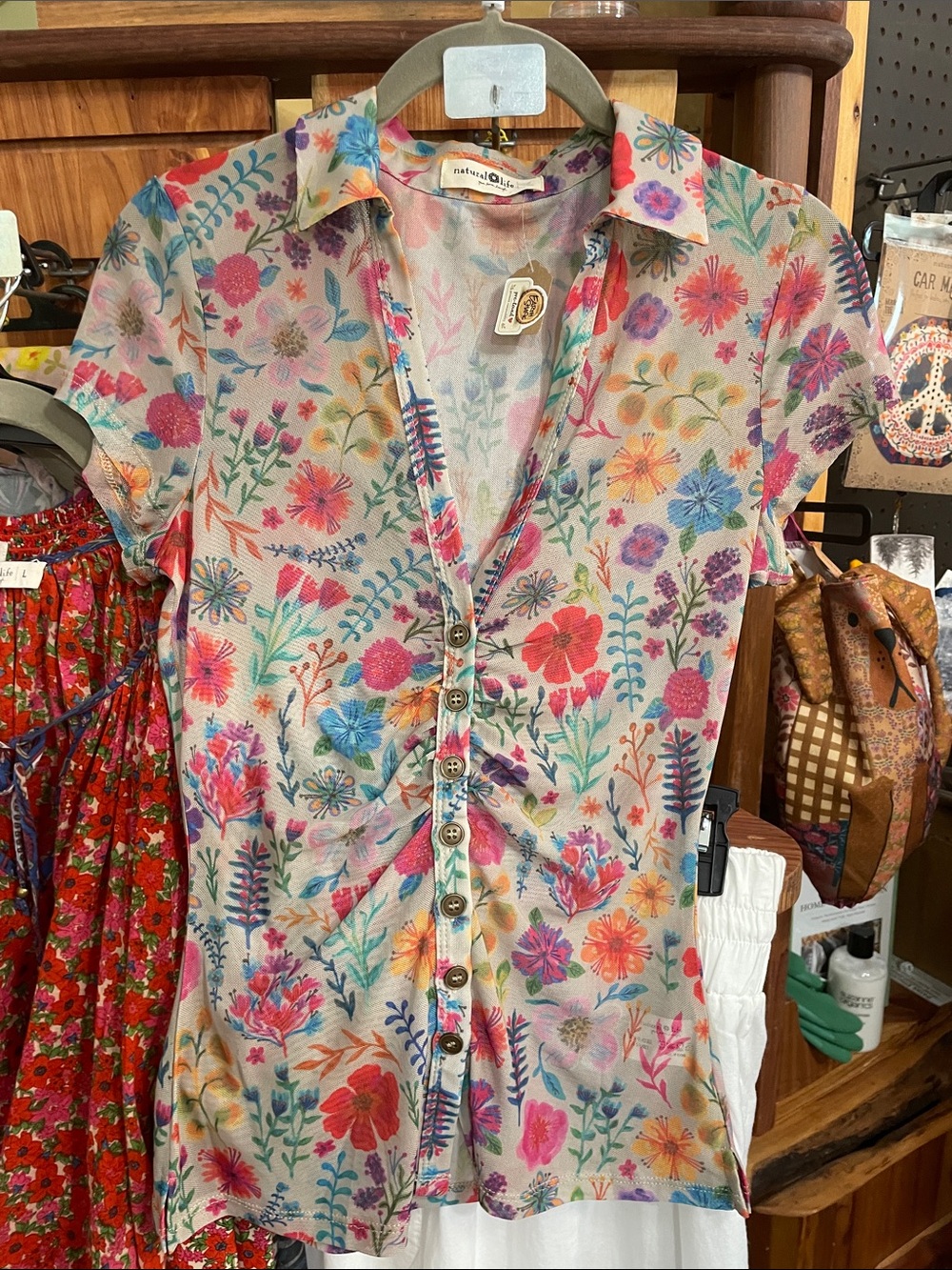NATURAL LIFE Carina Multicolor Floral Button-Front Blouse Mesh